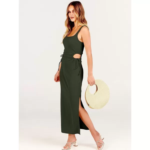 imageANRABESS Womens Summer Sleeveless Scoop Neck Fitted Tank Dress Cutout Bodycon Ruched Slit Maxi DressArmy Green