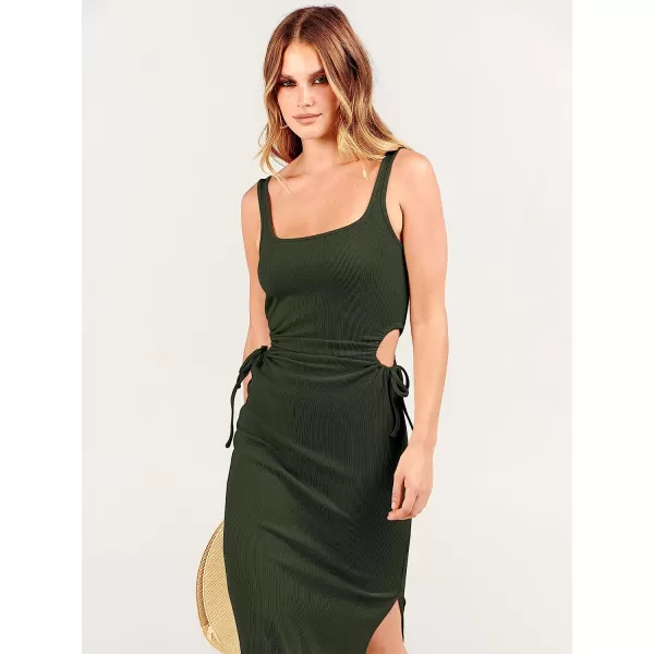 imageANRABESS Womens Summer Sleeveless Scoop Neck Fitted Tank Dress Cutout Bodycon Ruched Slit Maxi DressArmy Green