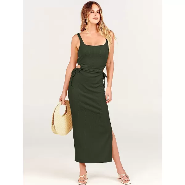imageANRABESS Womens Summer Sleeveless Scoop Neck Fitted Tank Dress Cutout Bodycon Ruched Slit Maxi DressArmy Green