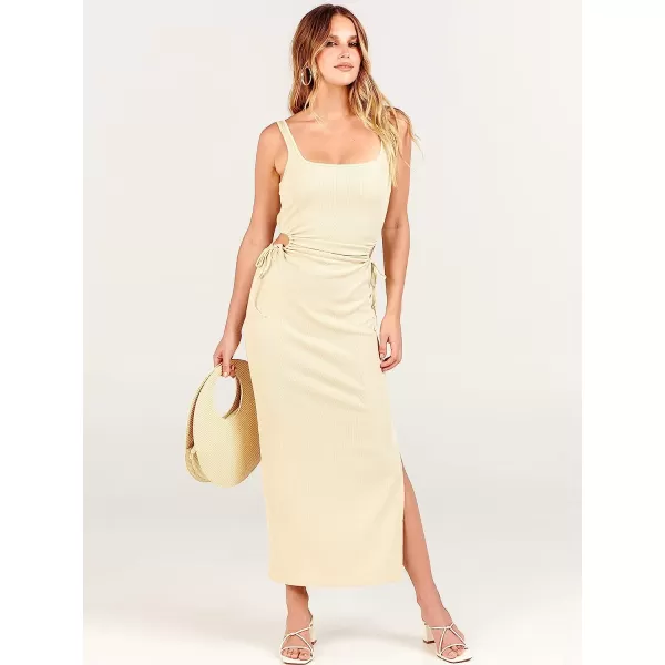 imageANRABESS Womens Summer Sleeveless Scoop Neck Fitted Tank Dress Cutout Bodycon Ruched Slit Maxi DressBeige