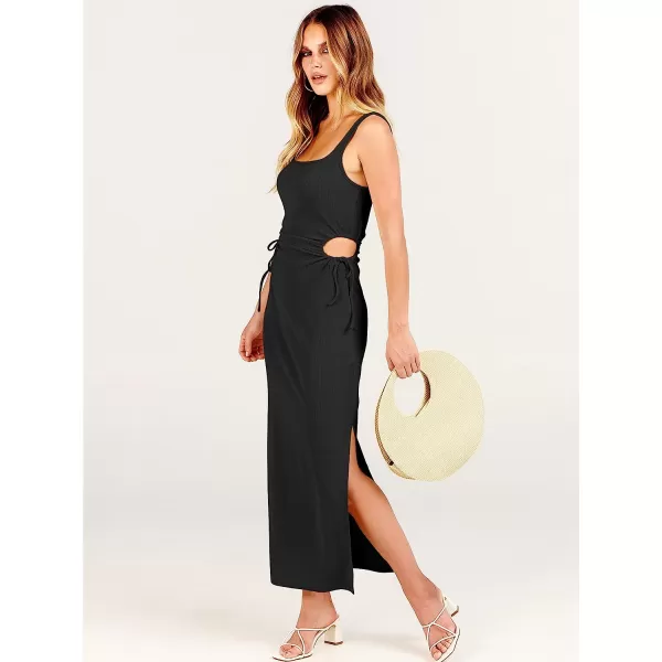 imageANRABESS Womens Summer Sleeveless Scoop Neck Fitted Tank Dress Cutout Bodycon Ruched Slit Maxi DressBlack
