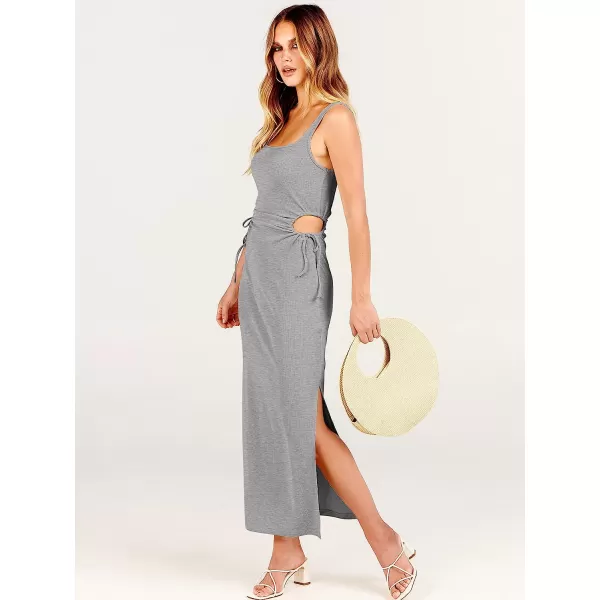 imageANRABESS Womens Summer Sleeveless Scoop Neck Fitted Tank Dress Cutout Bodycon Ruched Slit Maxi DressGray