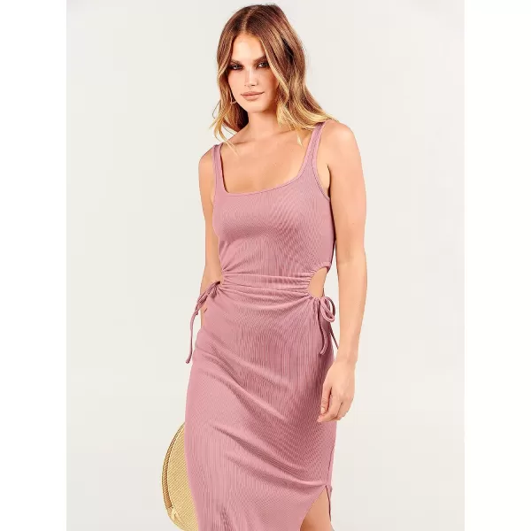imageANRABESS Womens Summer Sleeveless Scoop Neck Fitted Tank Dress Cutout Bodycon Ruched Slit Maxi DressPink