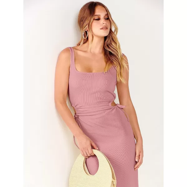 imageANRABESS Womens Summer Sleeveless Scoop Neck Fitted Tank Dress Cutout Bodycon Ruched Slit Maxi DressPink