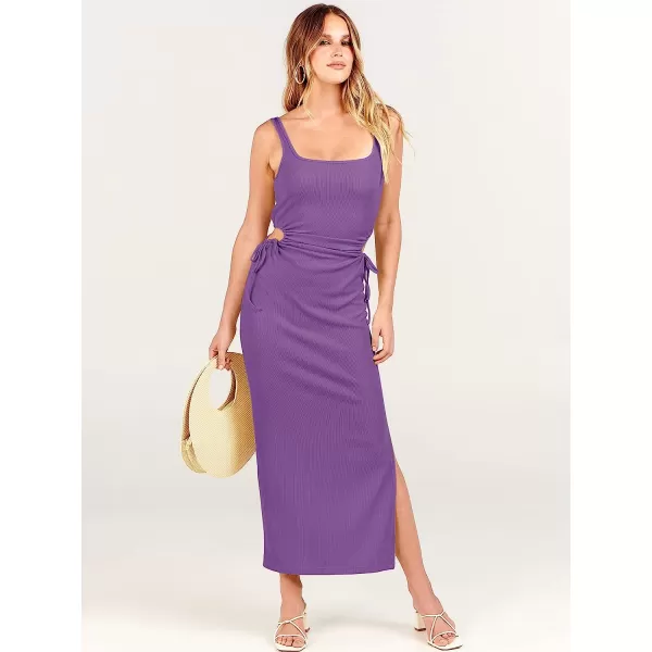 imageANRABESS Womens Summer Sleeveless Scoop Neck Fitted Tank Dress Cutout Bodycon Ruched Slit Maxi DressPurple