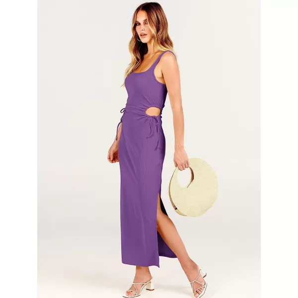 imageANRABESS Womens Summer Sleeveless Scoop Neck Fitted Tank Dress Cutout Bodycon Ruched Slit Maxi DressPurple