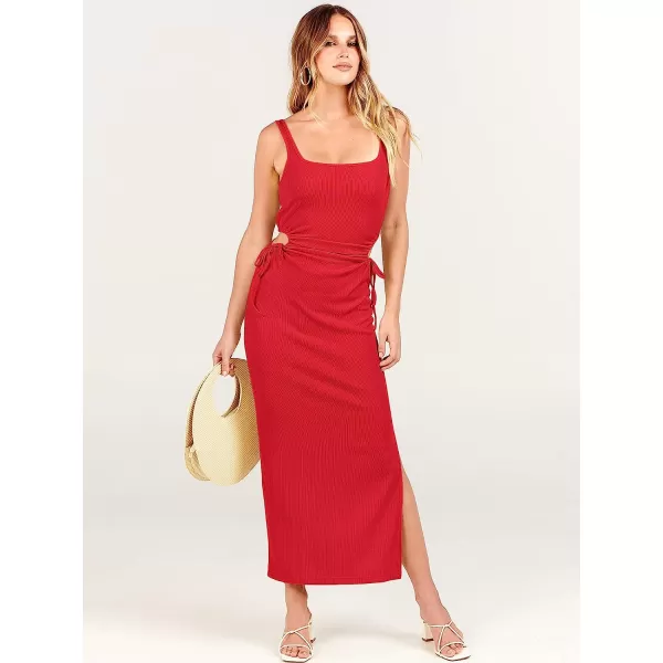 imageANRABESS Womens Summer Sleeveless Scoop Neck Fitted Tank Dress Cutout Bodycon Ruched Slit Maxi DressRed