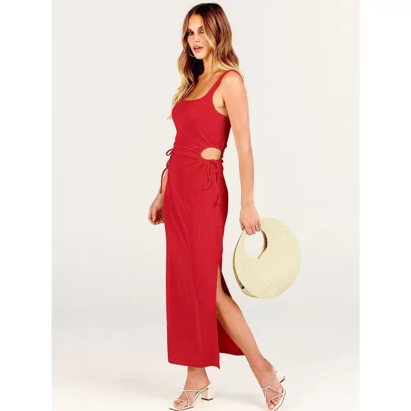 imageANRABESS Womens Summer Sleeveless Scoop Neck Fitted Tank Dress Cutout Bodycon Ruched Slit Maxi DressRed