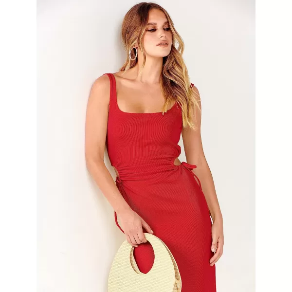 imageANRABESS Womens Summer Sleeveless Scoop Neck Fitted Tank Dress Cutout Bodycon Ruched Slit Maxi DressRed