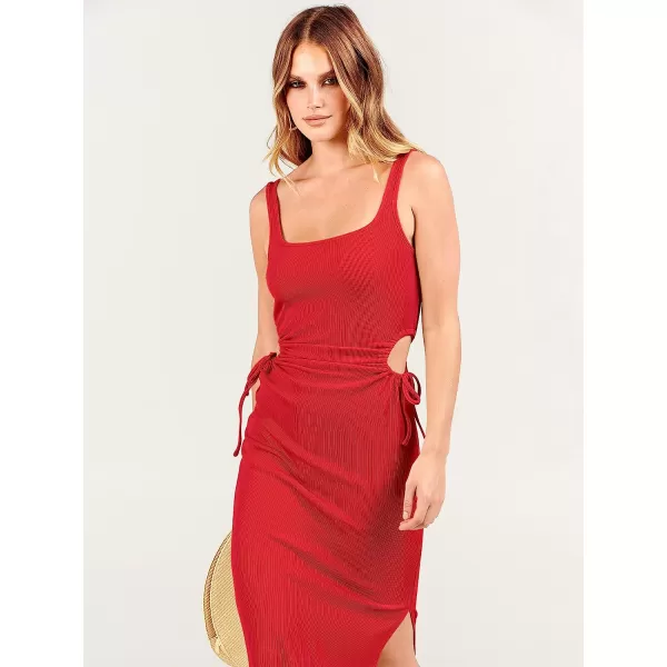 imageANRABESS Womens Summer Sleeveless Scoop Neck Fitted Tank Dress Cutout Bodycon Ruched Slit Maxi DressRed