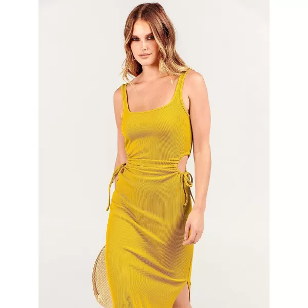 imageANRABESS Womens Summer Sleeveless Scoop Neck Fitted Tank Dress Cutout Bodycon Ruched Slit Maxi DressYellow