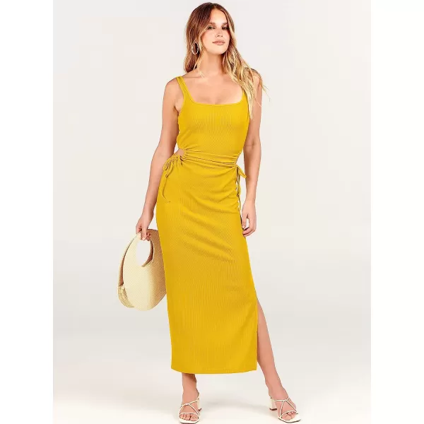 imageANRABESS Womens Summer Sleeveless Scoop Neck Fitted Tank Dress Cutout Bodycon Ruched Slit Maxi DressYellow