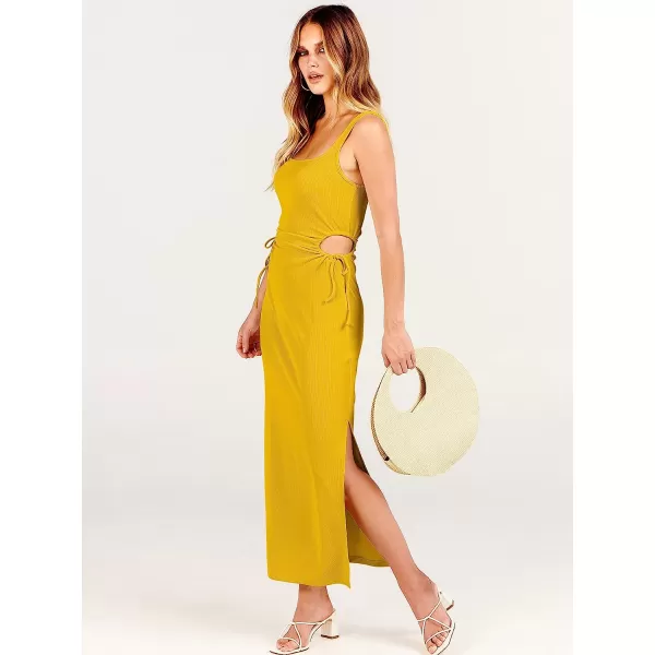 imageANRABESS Womens Summer Sleeveless Scoop Neck Fitted Tank Dress Cutout Bodycon Ruched Slit Maxi DressYellow