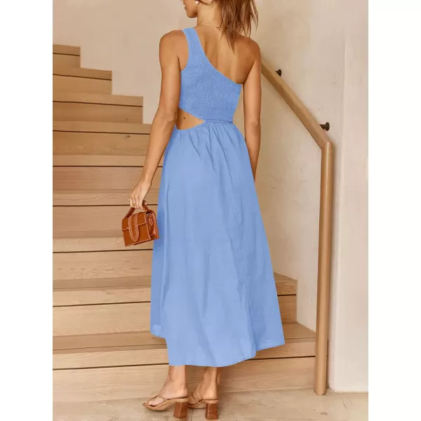 imageANRABESS Womens Summer Sleeveless Smocked One Shoulder Cutout Sundress Flowy ALine Beach Long Maxi DressBlue