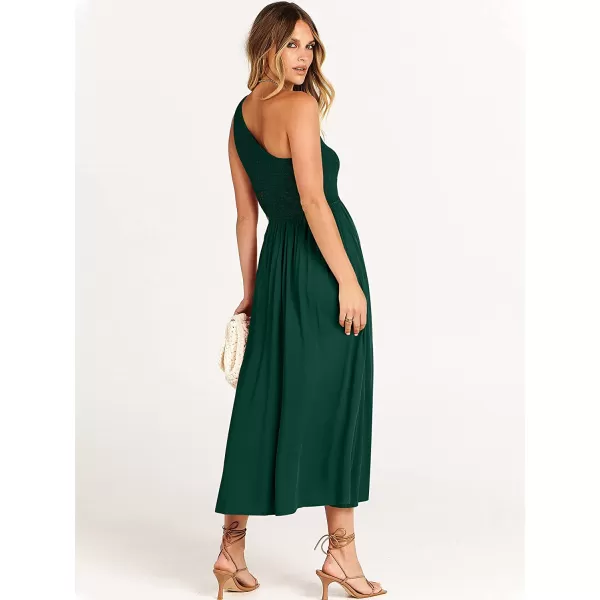 imageANRABESS Womens Summer Sleeveless Smocked One Shoulder Cutout Sundress Flowy ALine Beach Long Maxi DressDeep Green