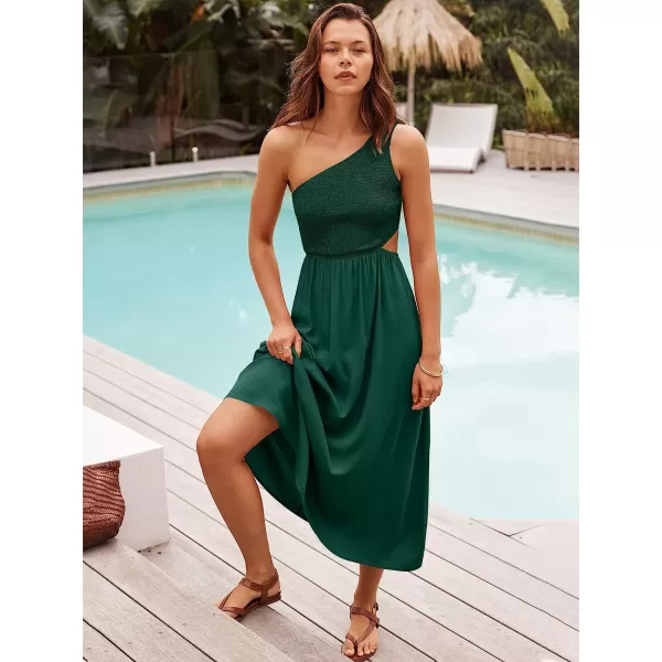 imageANRABESS Womens Summer Sleeveless Smocked One Shoulder Cutout Sundress Flowy ALine Beach Long Maxi DressDeep Green