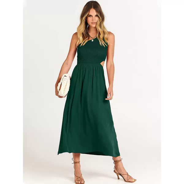 imageANRABESS Womens Summer Sleeveless Smocked One Shoulder Cutout Sundress Flowy ALine Beach Long Maxi DressDeep Green