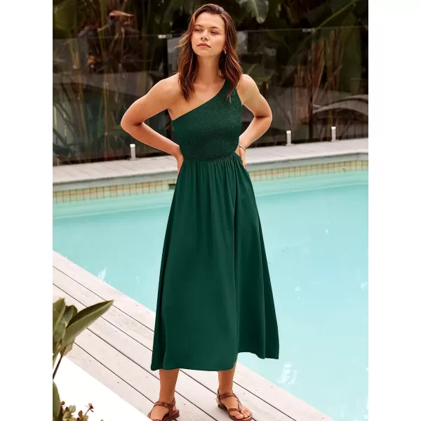 imageANRABESS Womens Summer Sleeveless Smocked One Shoulder Cutout Sundress Flowy ALine Beach Long Maxi DressDeep Green