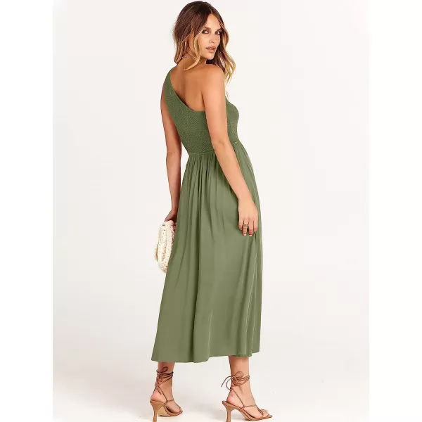 imageANRABESS Womens Summer Sleeveless Smocked One Shoulder Cutout Sundress Flowy ALine Beach Long Maxi DressGray Green