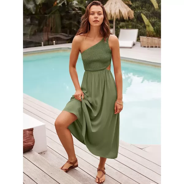 imageANRABESS Womens Summer Sleeveless Smocked One Shoulder Cutout Sundress Flowy ALine Beach Long Maxi DressGray Green