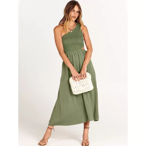 imageANRABESS Womens Summer Sleeveless Smocked One Shoulder Cutout Sundress Flowy ALine Beach Long Maxi DressGray Green