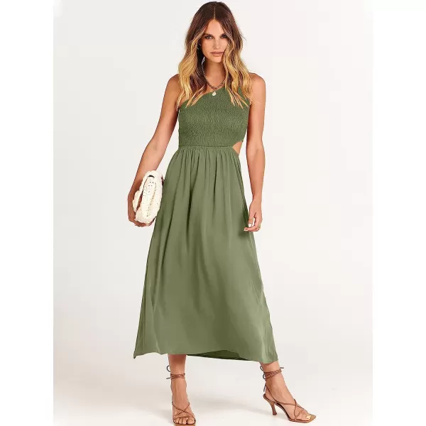 imageANRABESS Womens Summer Sleeveless Smocked One Shoulder Cutout Sundress Flowy ALine Beach Long Maxi DressGray Green