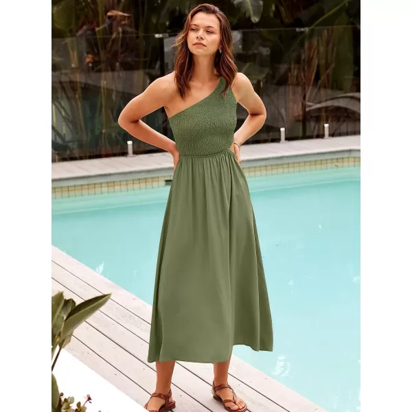 imageANRABESS Womens Summer Sleeveless Smocked One Shoulder Cutout Sundress Flowy ALine Beach Long Maxi DressGray Green