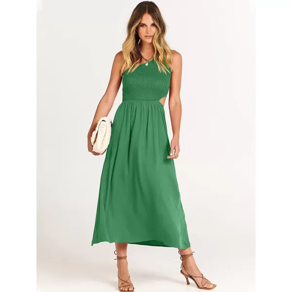 imageANRABESS Womens Summer Sleeveless Smocked One Shoulder Cutout Sundress Flowy ALine Beach Long Maxi DressGreen