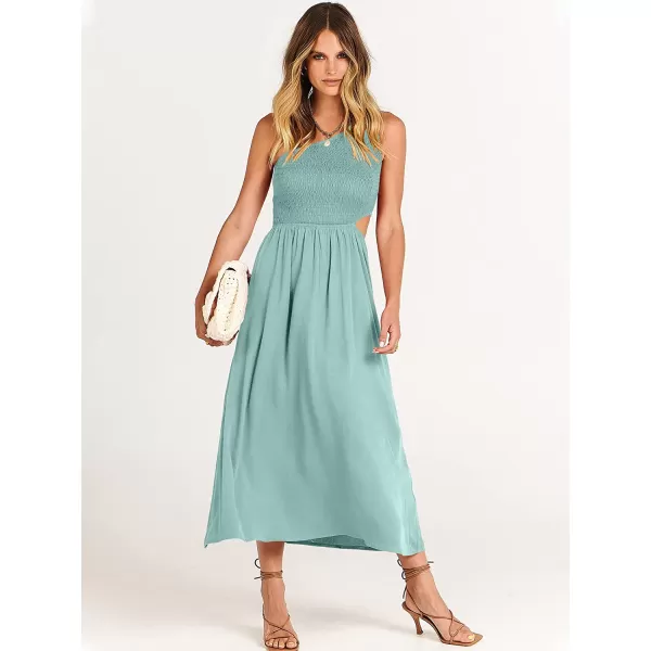 imageANRABESS Womens Summer Sleeveless Smocked One Shoulder Cutout Sundress Flowy ALine Beach Long Maxi DressLight Blue