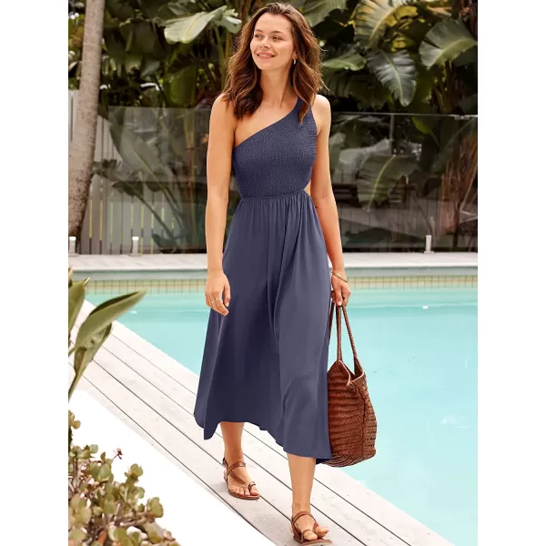 imageANRABESS Womens Summer Sleeveless Smocked One Shoulder Cutout Sundress Flowy ALine Beach Long Maxi DressNavy Blue