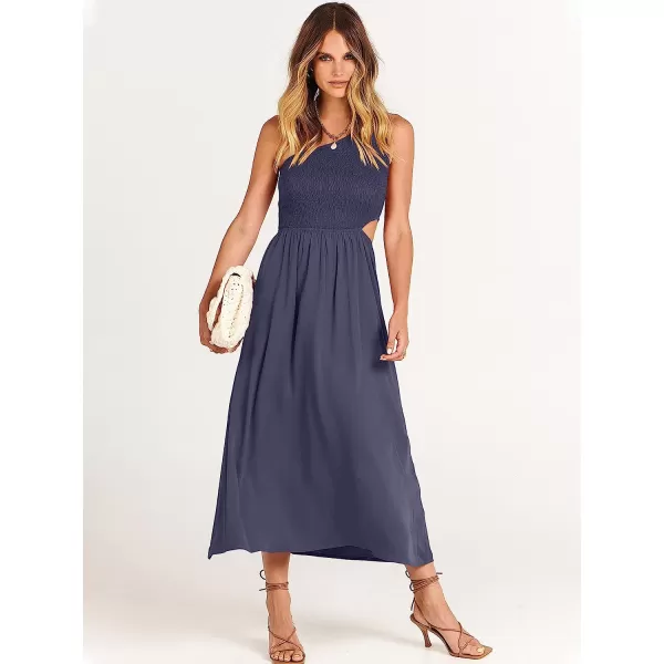 imageANRABESS Womens Summer Sleeveless Smocked One Shoulder Cutout Sundress Flowy ALine Beach Long Maxi DressNavy Blue