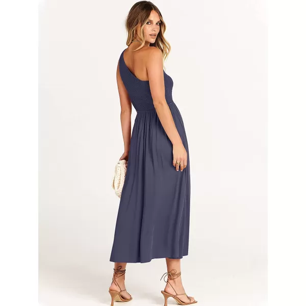 imageANRABESS Womens Summer Sleeveless Smocked One Shoulder Cutout Sundress Flowy ALine Beach Long Maxi DressNavy Blue