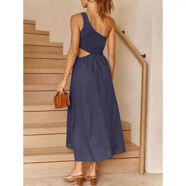imageANRABESS Womens Summer Sleeveless Smocked One Shoulder Cutout Sundress Flowy ALine Beach Long Maxi DressNavy Blue