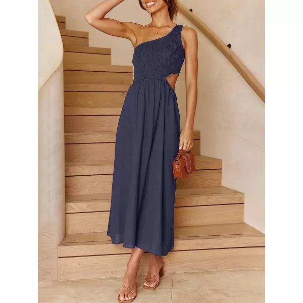 imageANRABESS Womens Summer Sleeveless Smocked One Shoulder Cutout Sundress Flowy ALine Beach Long Maxi DressNavy Blue