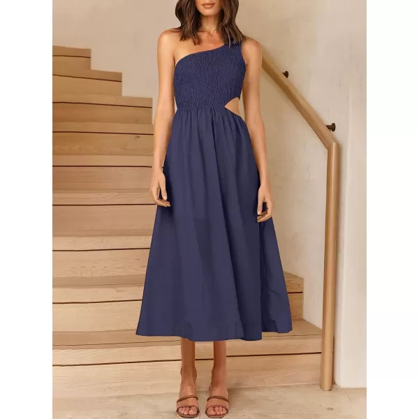 imageANRABESS Womens Summer Sleeveless Smocked One Shoulder Cutout Sundress Flowy ALine Beach Long Maxi DressNavy Blue