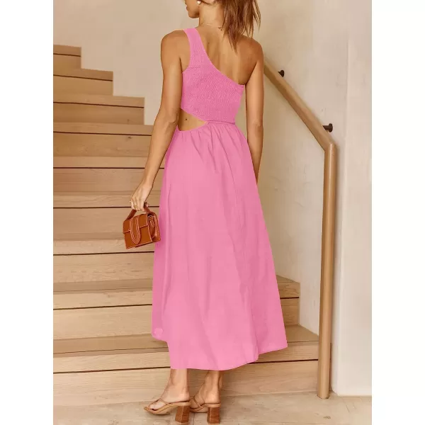 imageANRABESS Womens Summer Sleeveless Smocked One Shoulder Cutout Sundress Flowy ALine Beach Long Maxi DressPink
