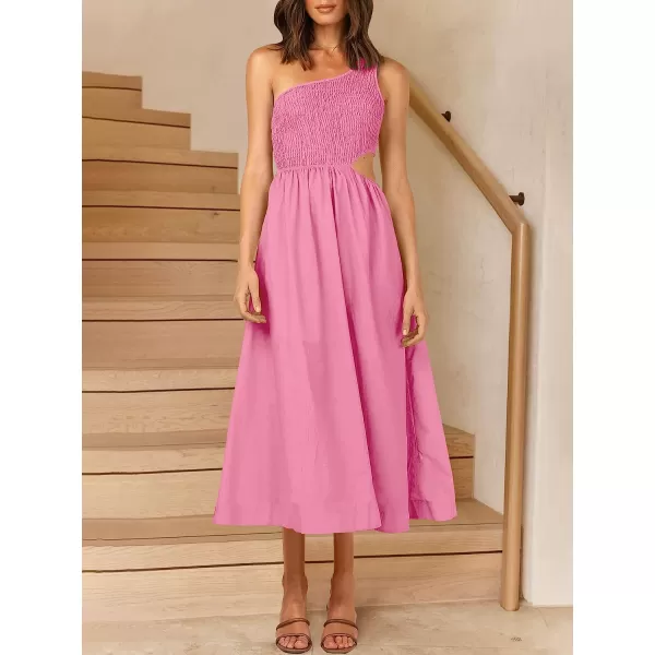 imageANRABESS Womens Summer Sleeveless Smocked One Shoulder Cutout Sundress Flowy ALine Beach Long Maxi DressPink