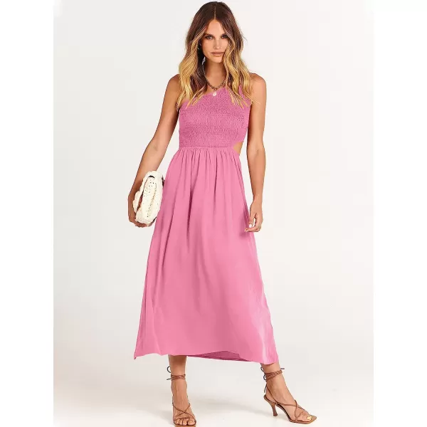 imageANRABESS Womens Summer Sleeveless Smocked One Shoulder Cutout Sundress Flowy ALine Beach Long Maxi DressPink