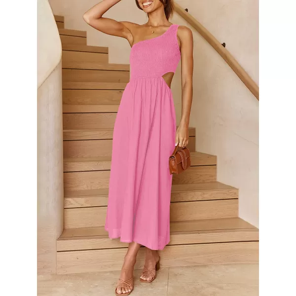 imageANRABESS Womens Summer Sleeveless Smocked One Shoulder Cutout Sundress Flowy ALine Beach Long Maxi DressPink