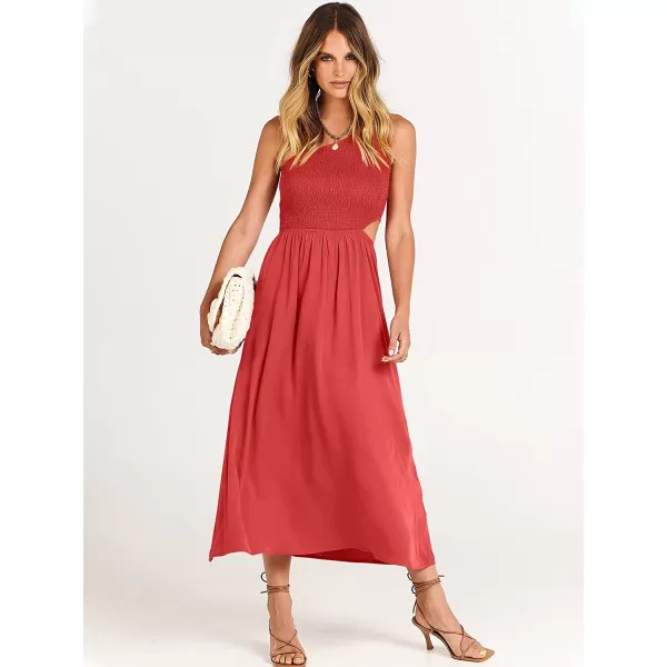 imageANRABESS Womens Summer Sleeveless Smocked One Shoulder Cutout Sundress Flowy ALine Beach Long Maxi DressRed