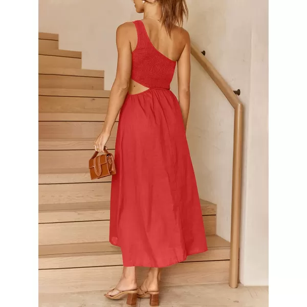 imageANRABESS Womens Summer Sleeveless Smocked One Shoulder Cutout Sundress Flowy ALine Beach Long Maxi DressRed