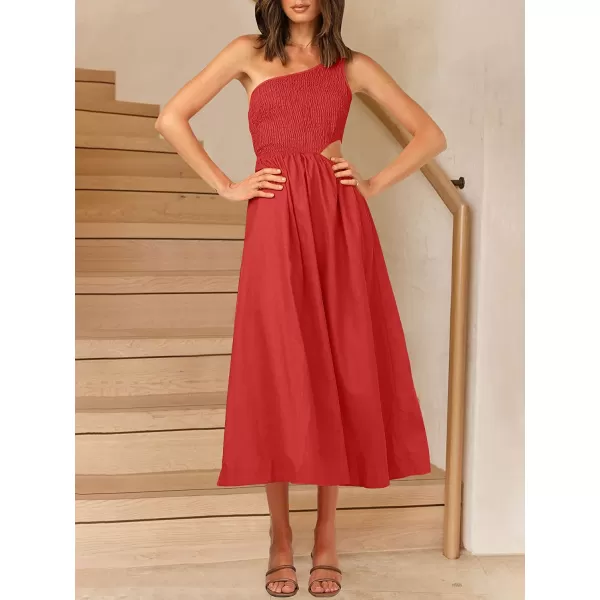 imageANRABESS Womens Summer Sleeveless Smocked One Shoulder Cutout Sundress Flowy ALine Beach Long Maxi DressRed