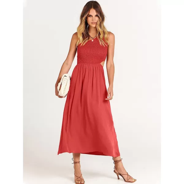 imageANRABESS Womens Summer Sleeveless Smocked One Shoulder Cutout Sundress Flowy ALine Beach Long Maxi DressRed