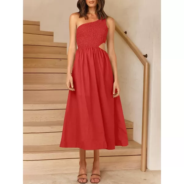 imageANRABESS Womens Summer Sleeveless Smocked One Shoulder Cutout Sundress Flowy ALine Beach Long Maxi DressRed