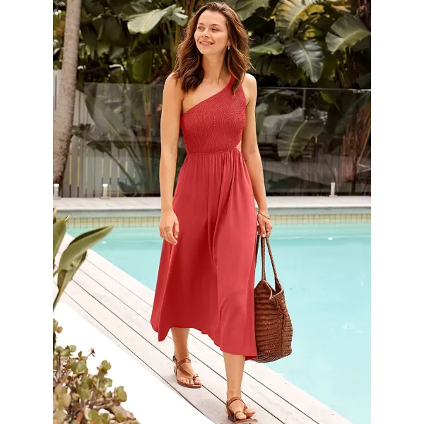 imageANRABESS Womens Summer Sleeveless Smocked One Shoulder Cutout Sundress Flowy ALine Beach Long Maxi DressRed