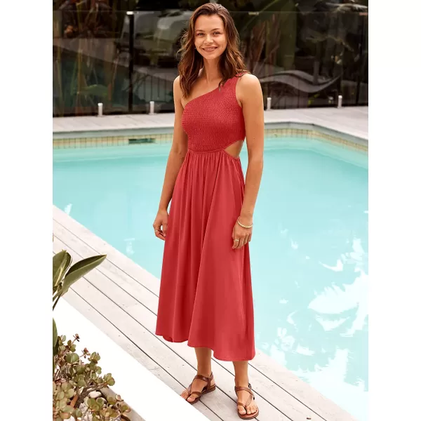 imageANRABESS Womens Summer Sleeveless Smocked One Shoulder Cutout Sundress Flowy ALine Beach Long Maxi DressRed