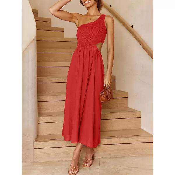 imageANRABESS Womens Summer Sleeveless Smocked One Shoulder Cutout Sundress Flowy ALine Beach Long Maxi DressRed