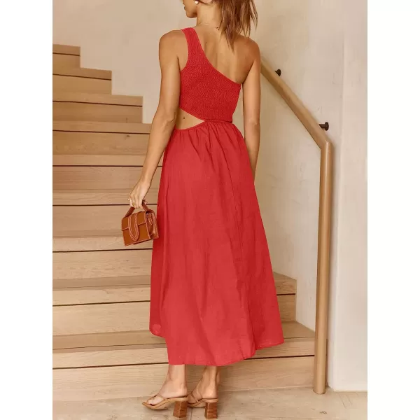 imageANRABESS Womens Summer Sleeveless Smocked One Shoulder Cutout Sundress Flowy ALine Beach Long Maxi DressRed