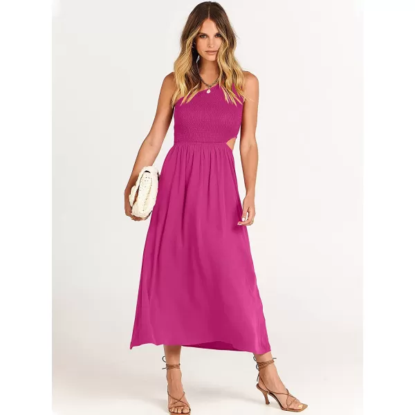 imageANRABESS Womens Summer Sleeveless Smocked One Shoulder Cutout Sundress Flowy ALine Beach Long Maxi DressRose