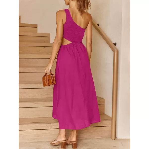 imageANRABESS Womens Summer Sleeveless Smocked One Shoulder Cutout Sundress Flowy ALine Beach Long Maxi DressRose